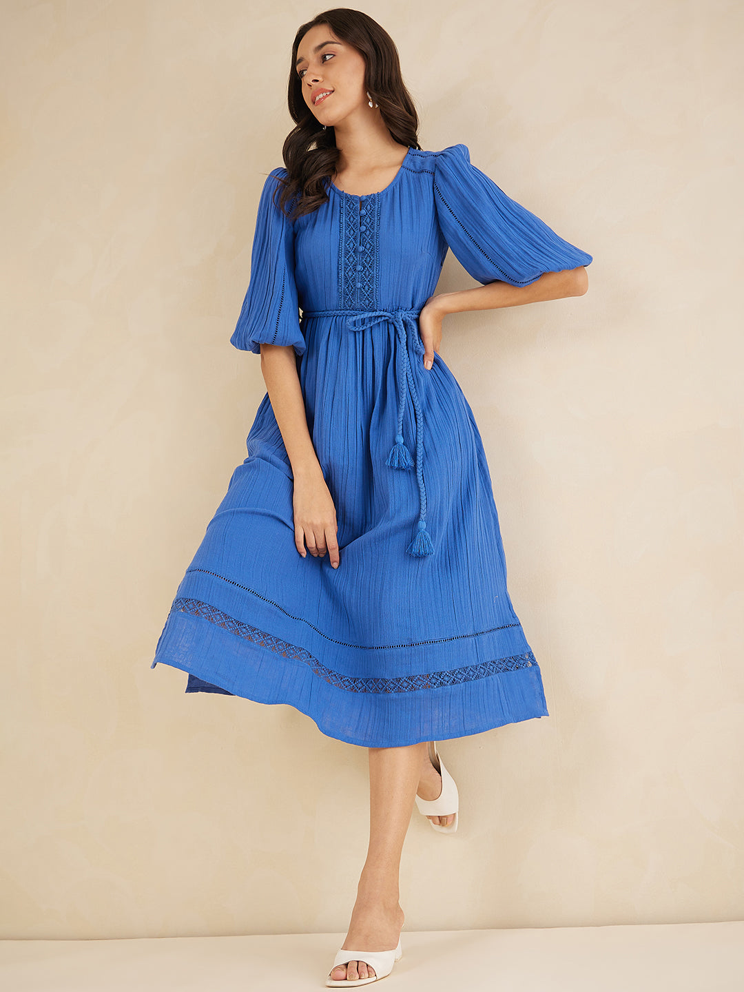 Blue Solid Lace Detail Belted Maxi Dress