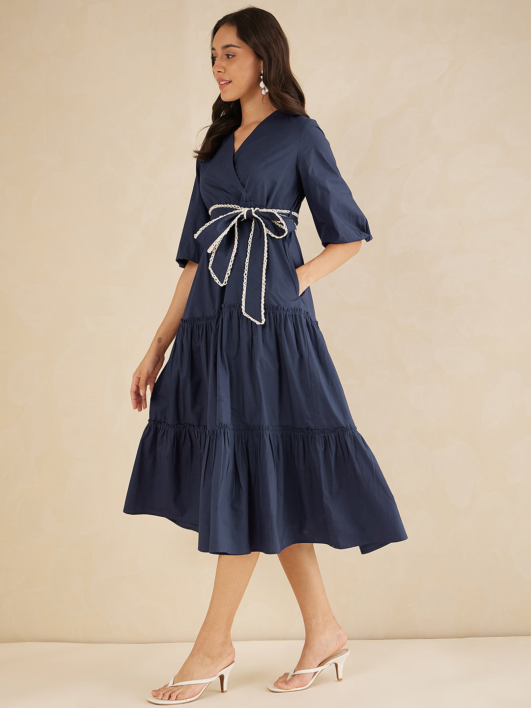 Navy Cotton Poplin Wrap Maxi Dress
