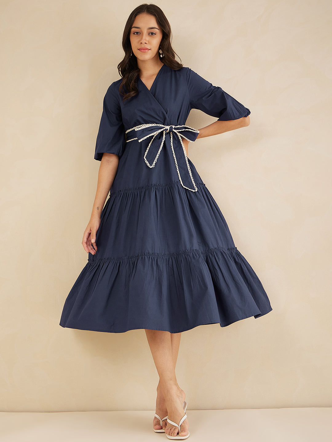 Navy Cotton Poplin Wrap Maxi Dress