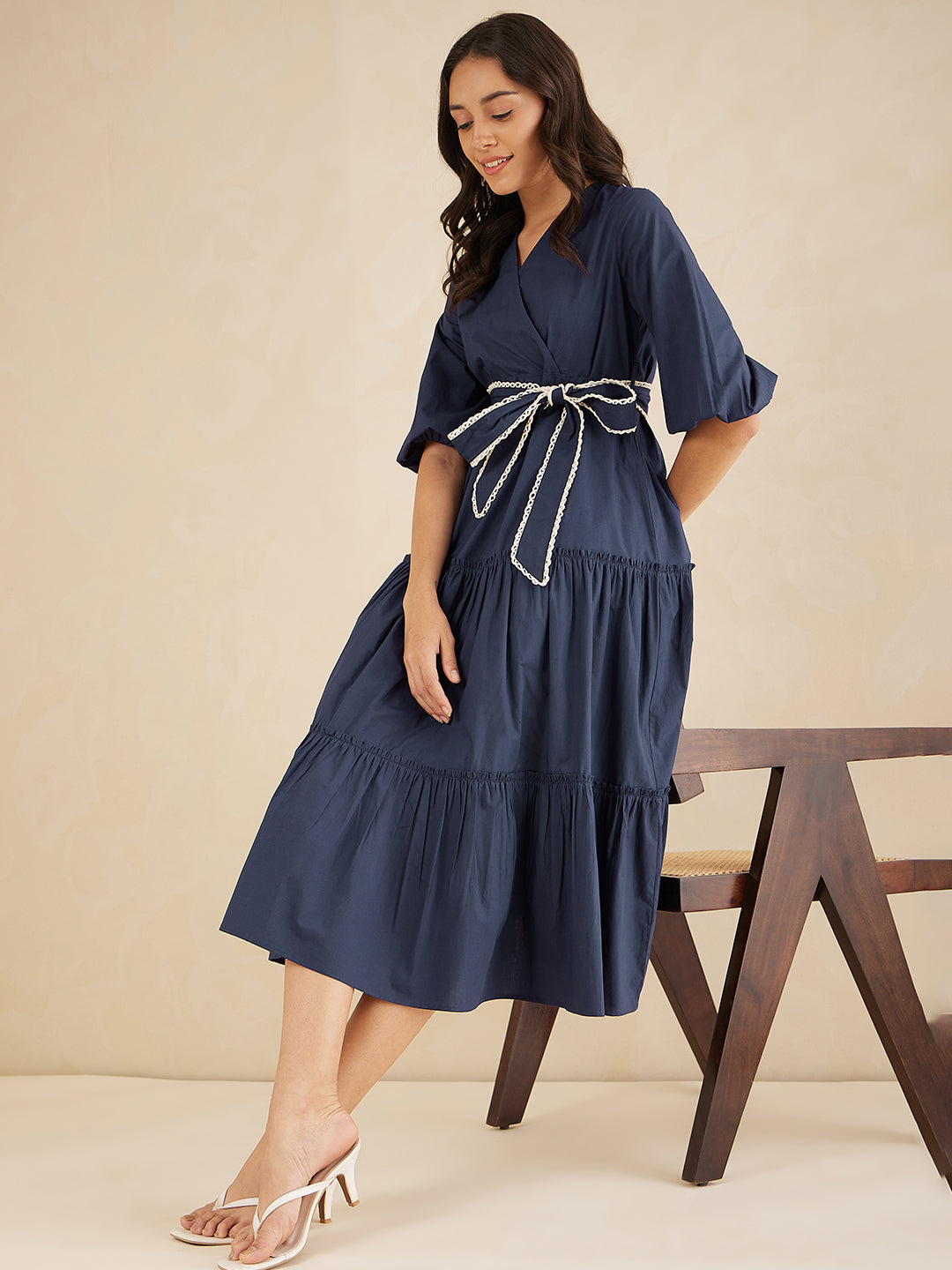 Navy Cotton Poplin Wrap Maxi Dress