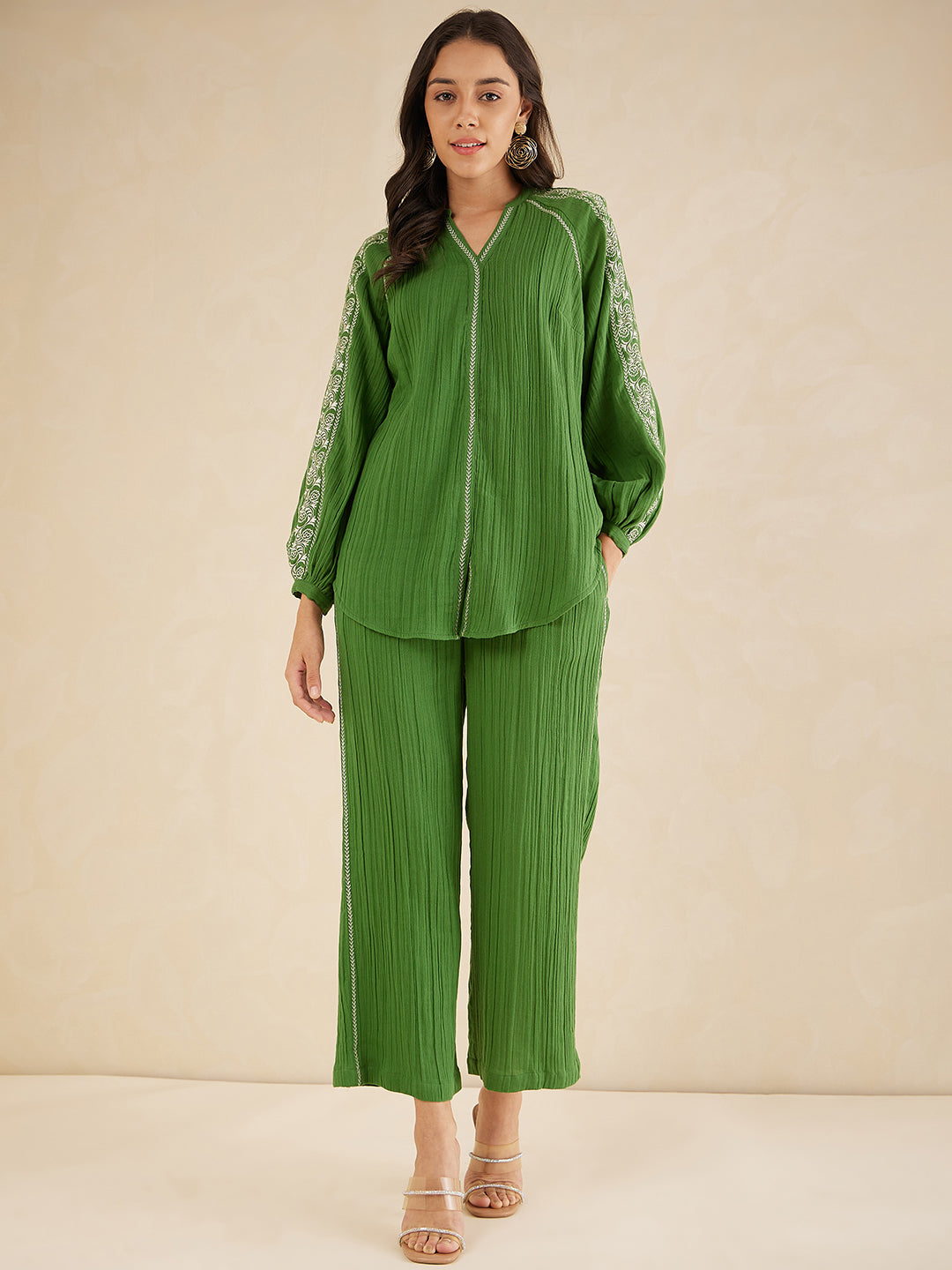 Green Solid Embroidered Cotton Coord Set