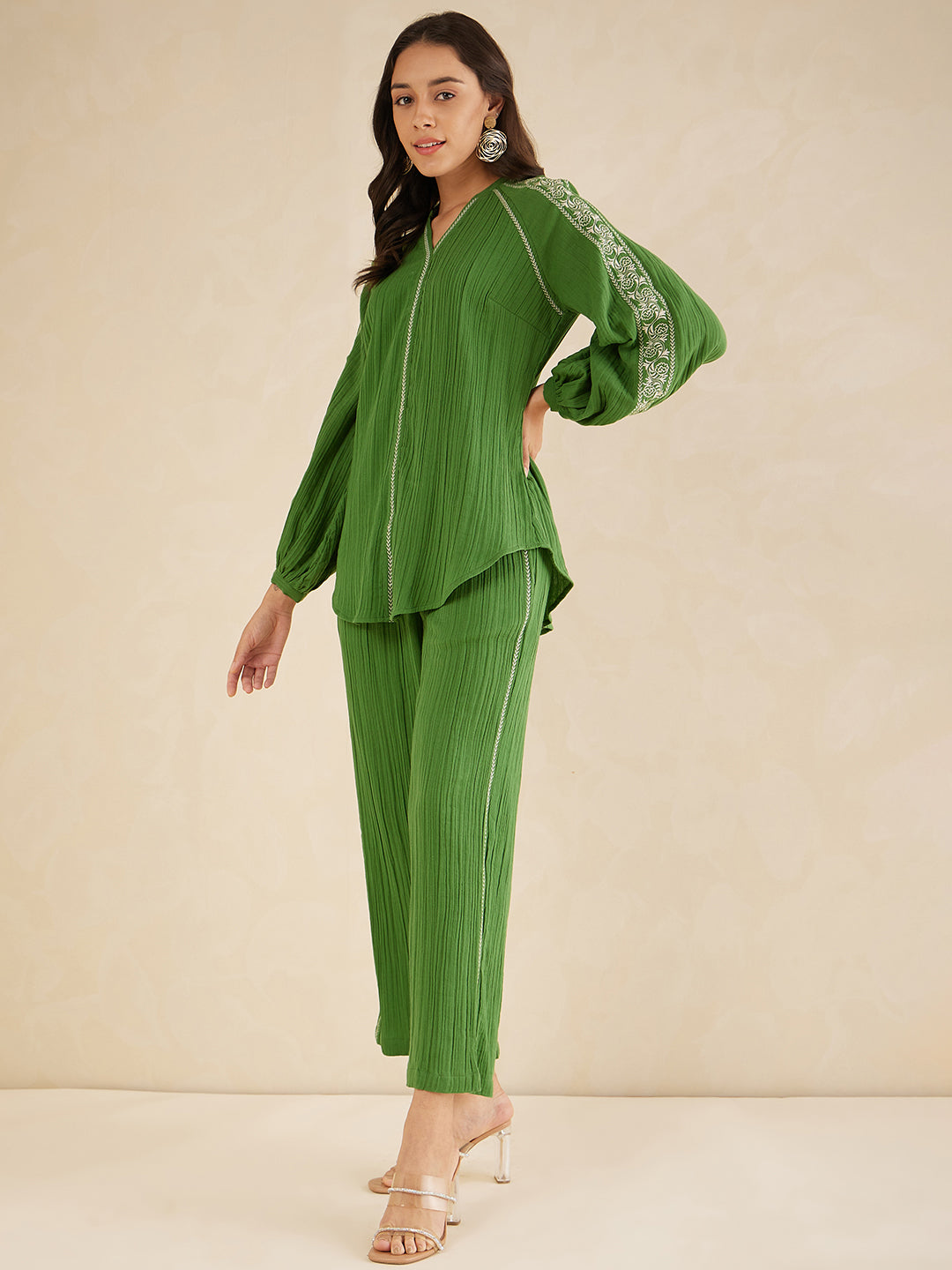 Green Solid Embroidered Cotton Coord Set