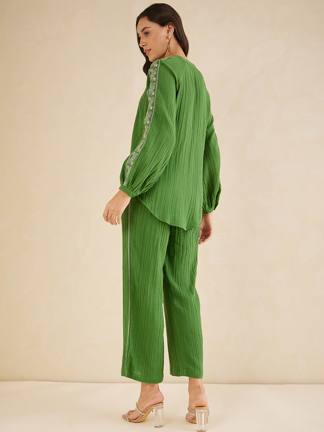 Green Solid Embroidered Cotton Coord Set