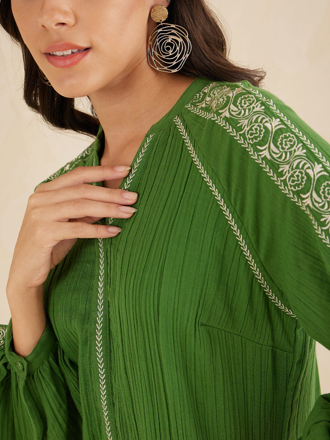 Green Solid Embroidered Cotton Coord Set