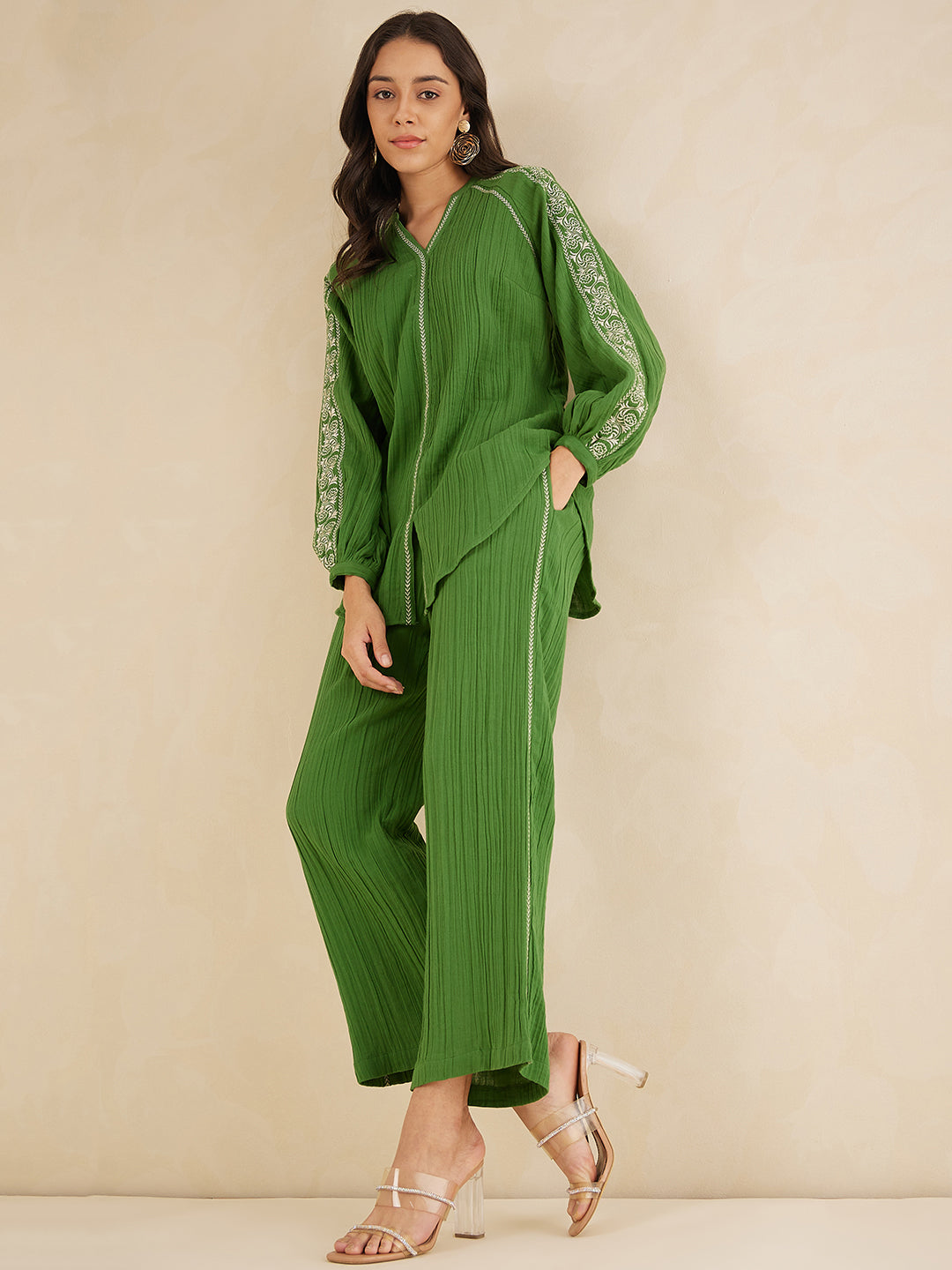 Green Solid Embroidered Cotton Coord Set