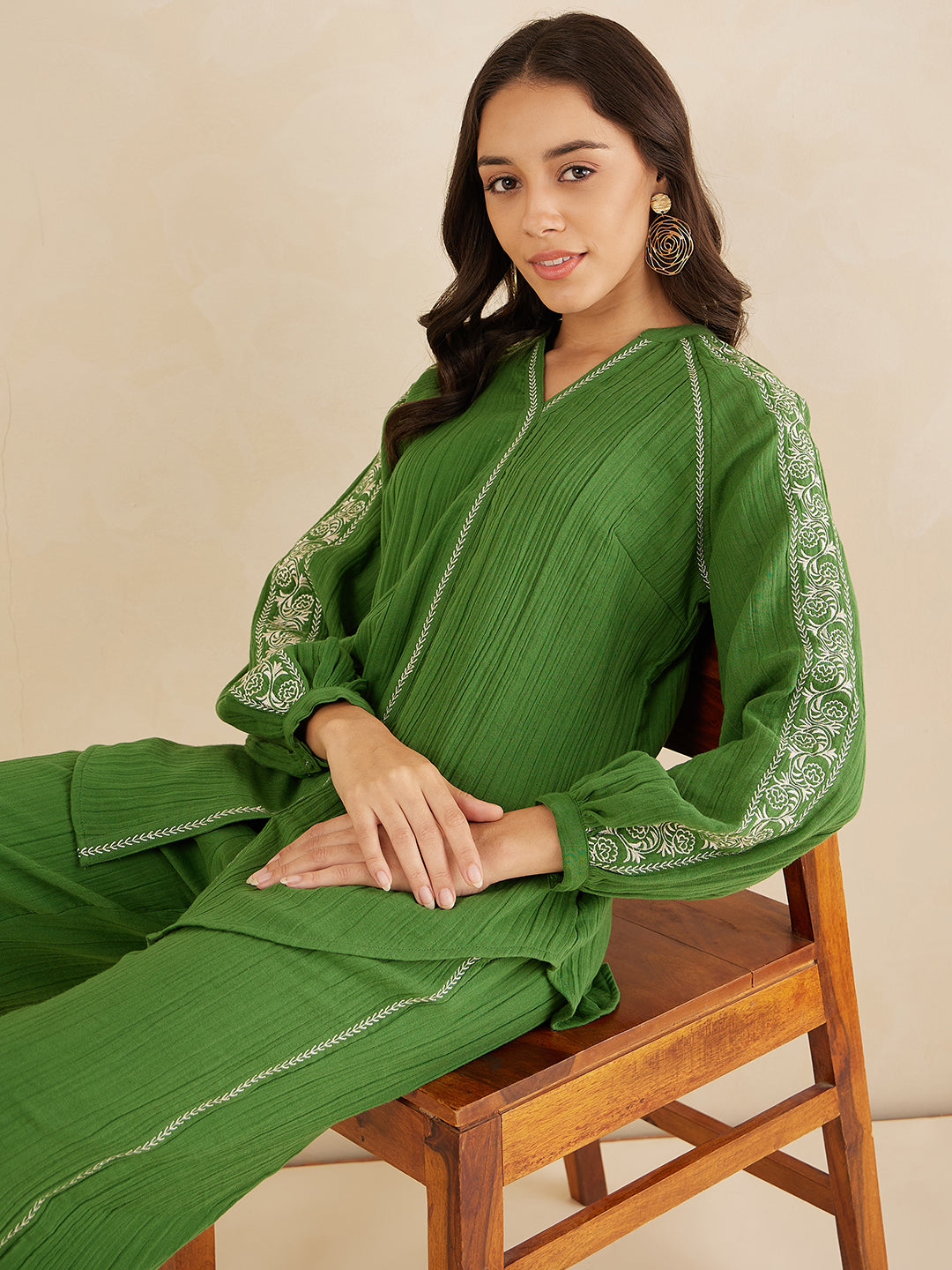 Green Solid Embroidered Cotton Coord Set