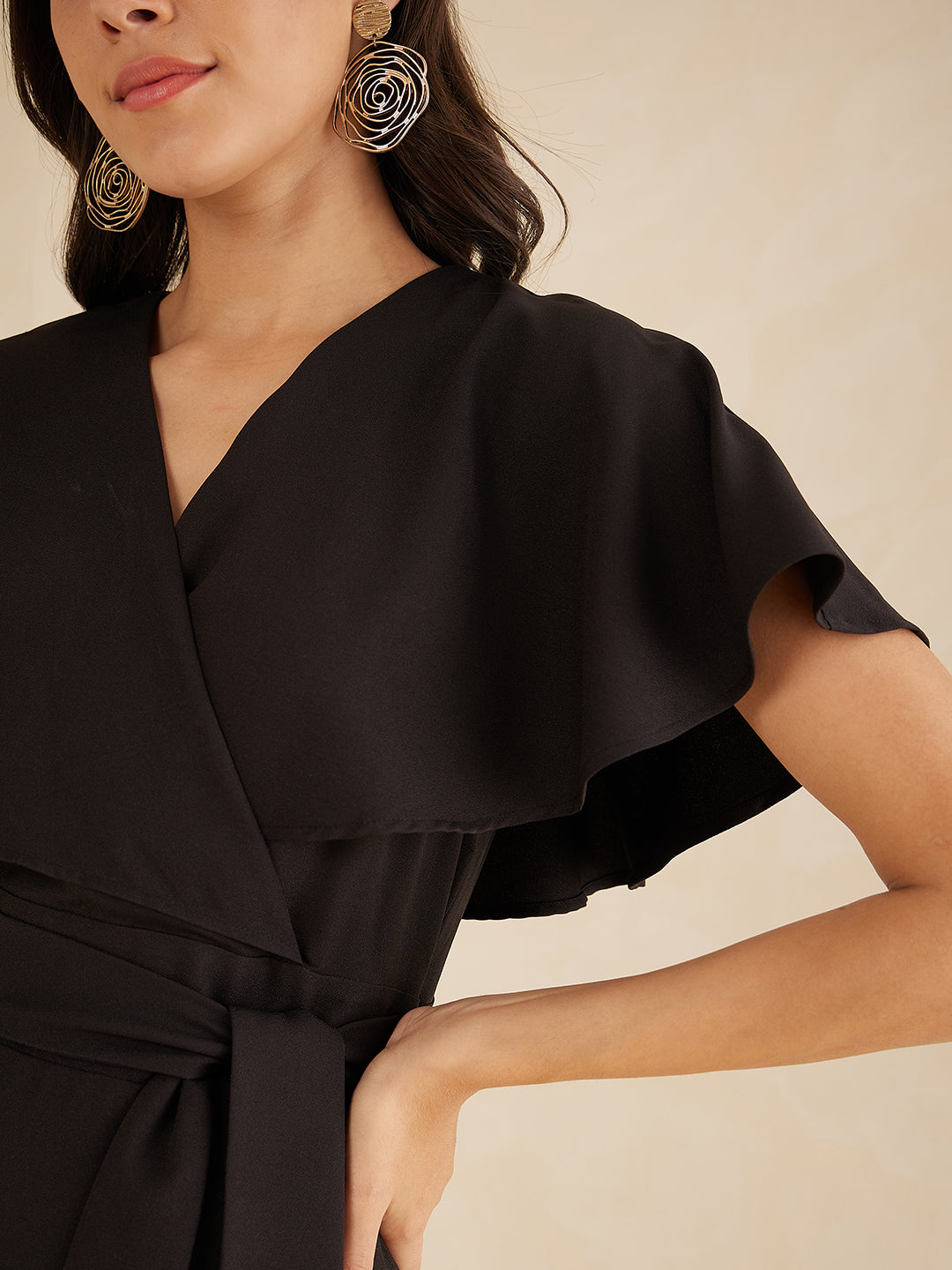 Black Kimono Wrap Belted Midi Dress