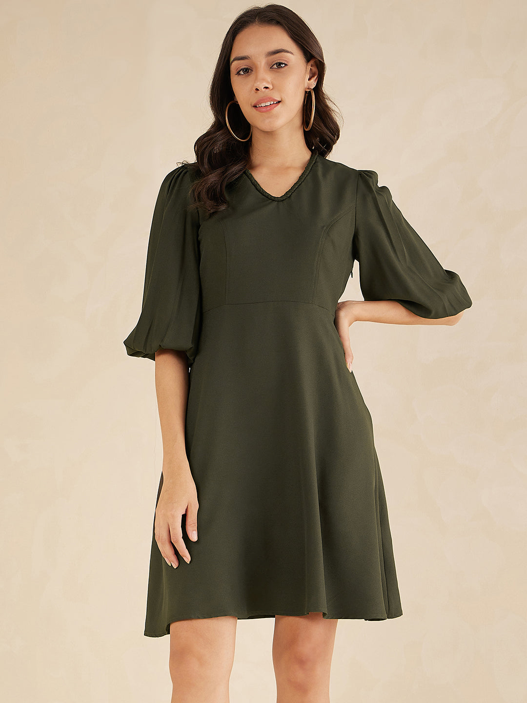 Olive Fit And Flare Knee Length Dress