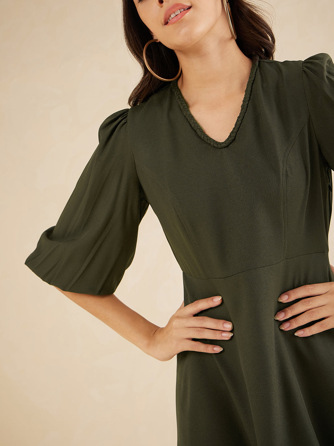 Olive Fit And Flare Knee Length Dress