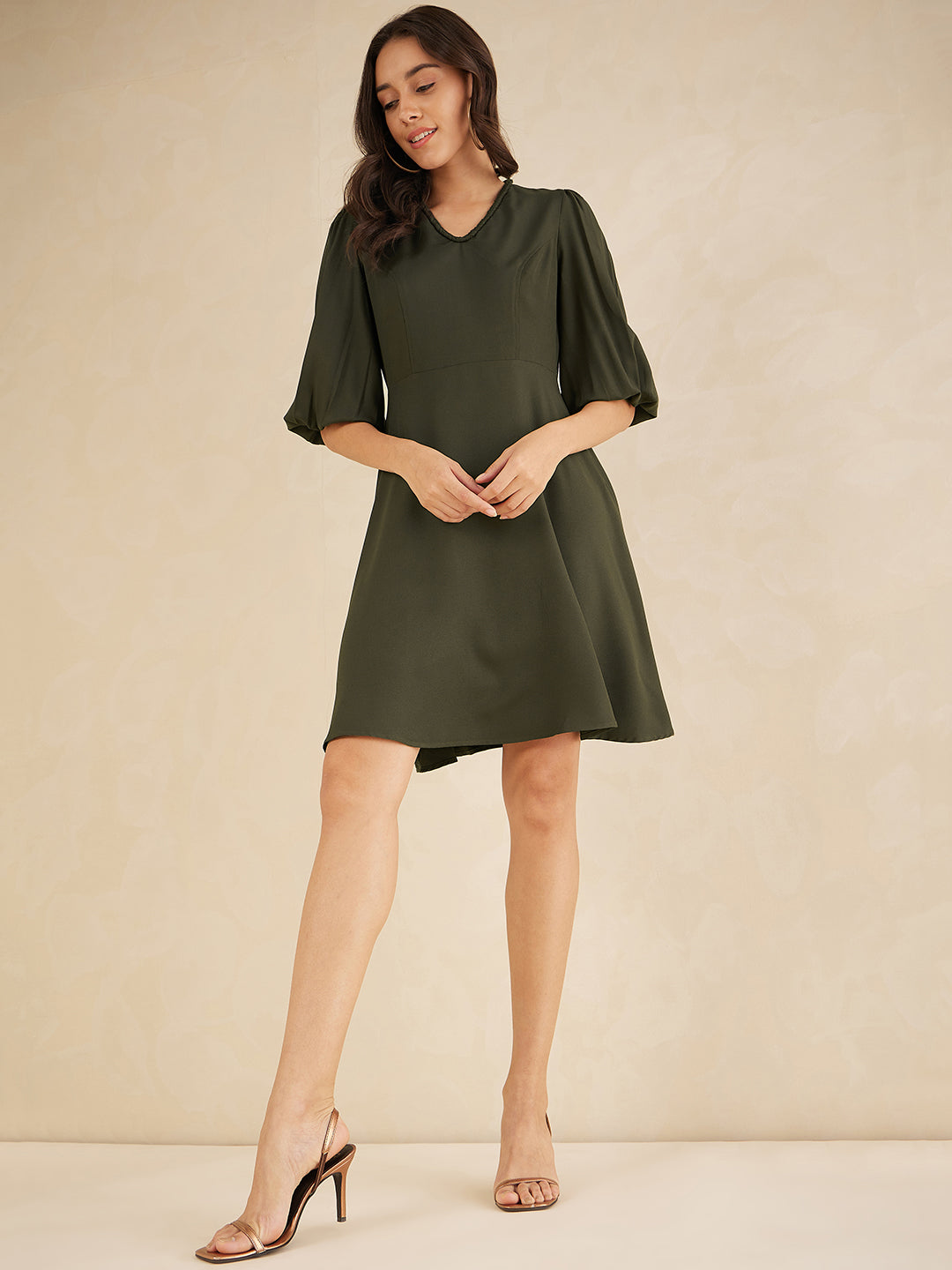 Olive Fit And Flare Knee Length Dress