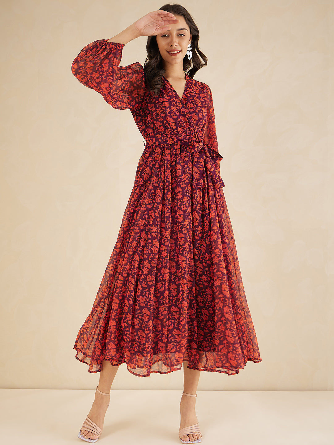 Orange Floral Printed Wrap Maxi Dress