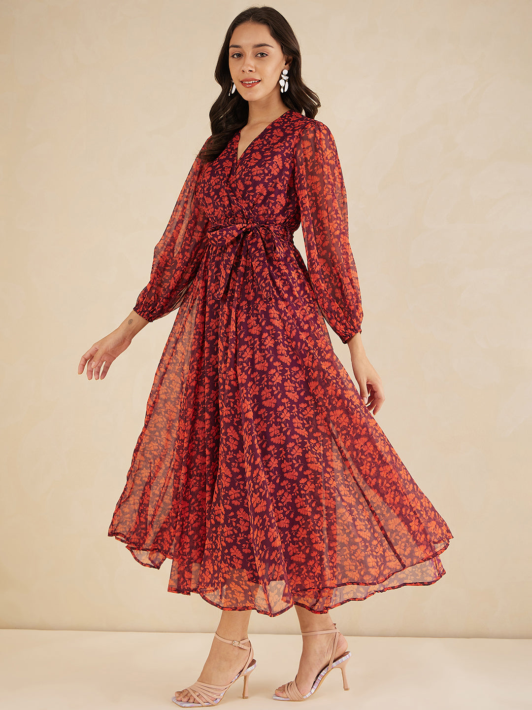 Orange Floral Printed Wrap Maxi Dress