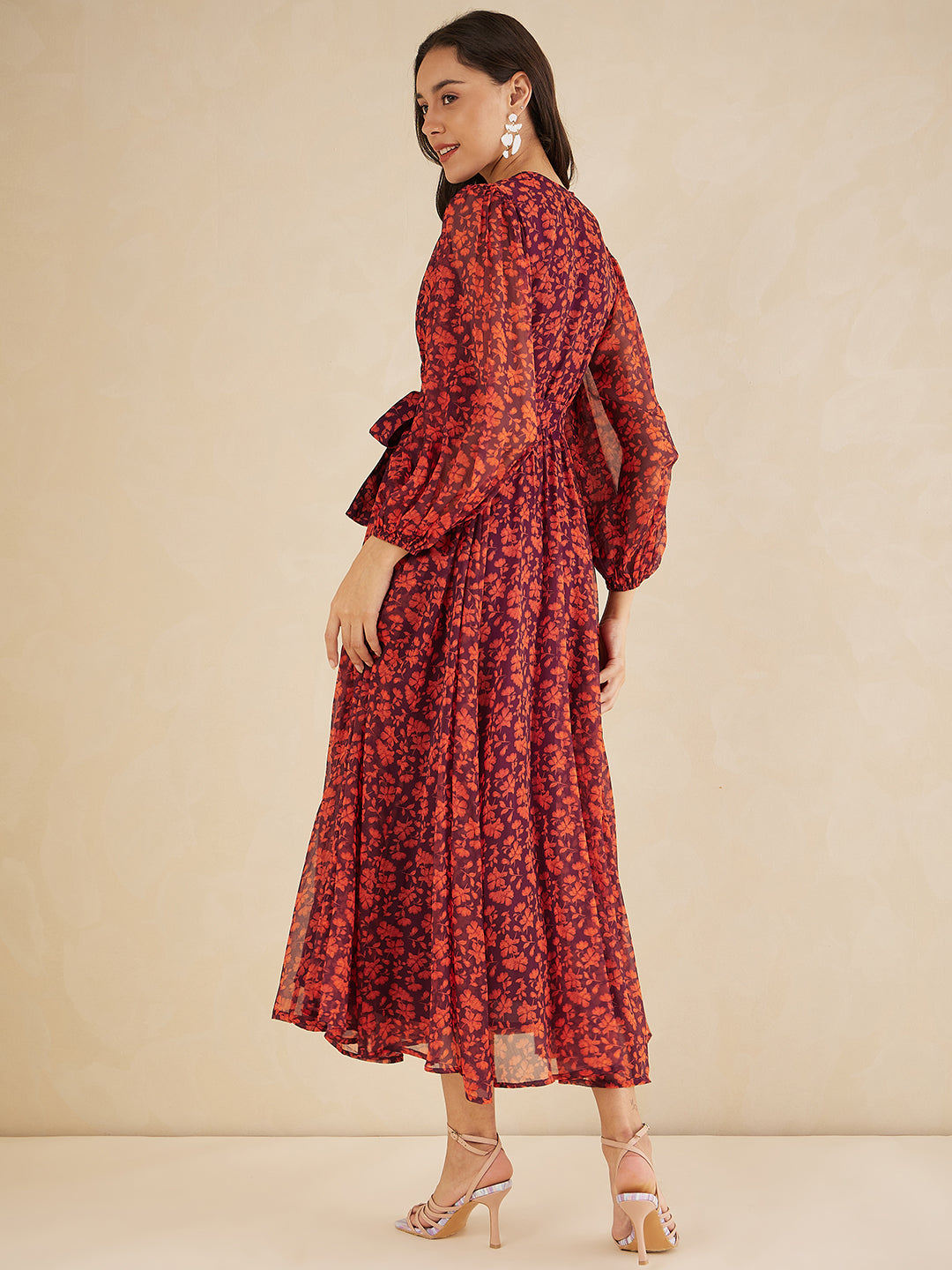 Orange Floral Printed Wrap Maxi Dress