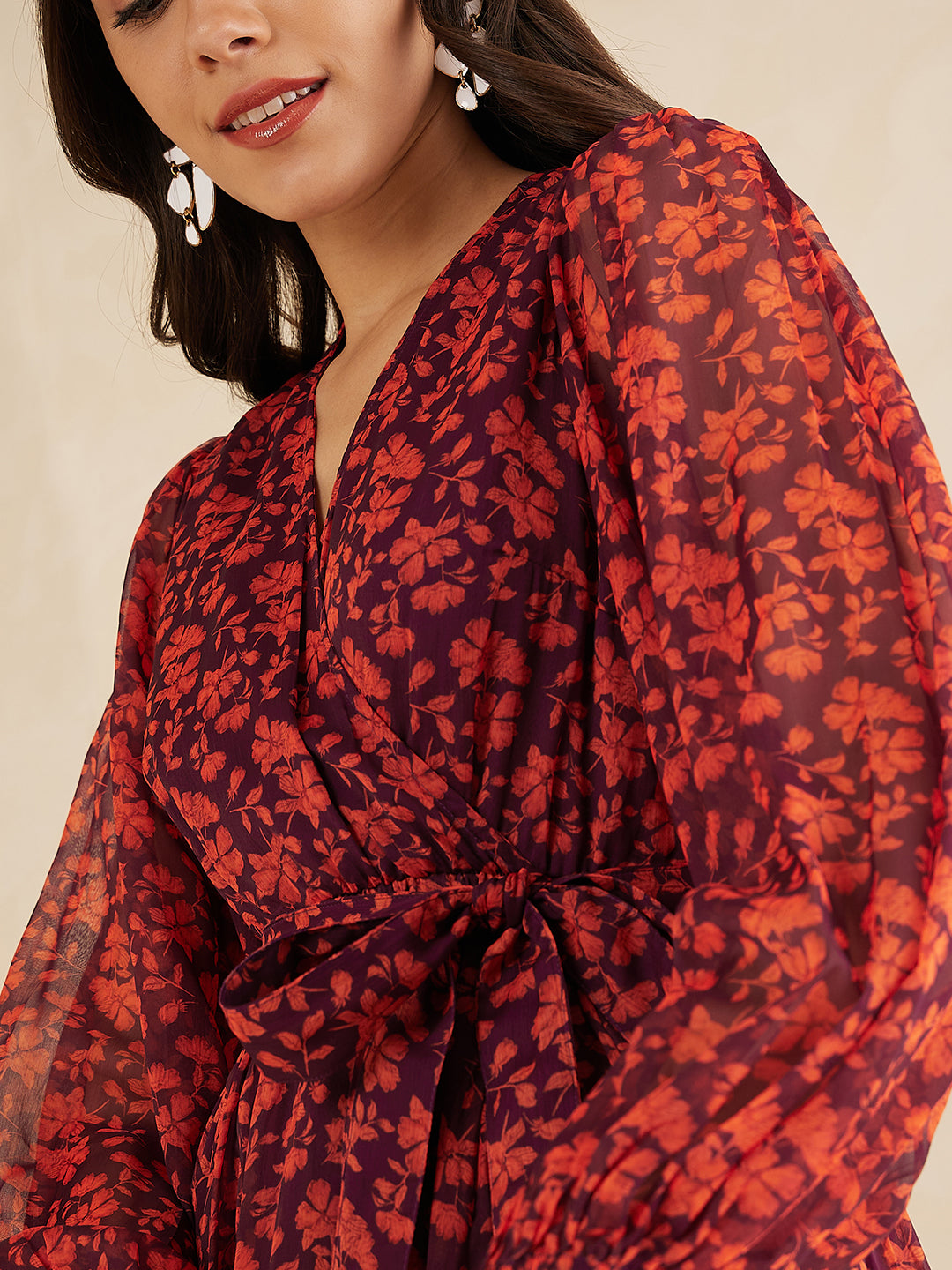 Orange Floral Printed Wrap Maxi Dress