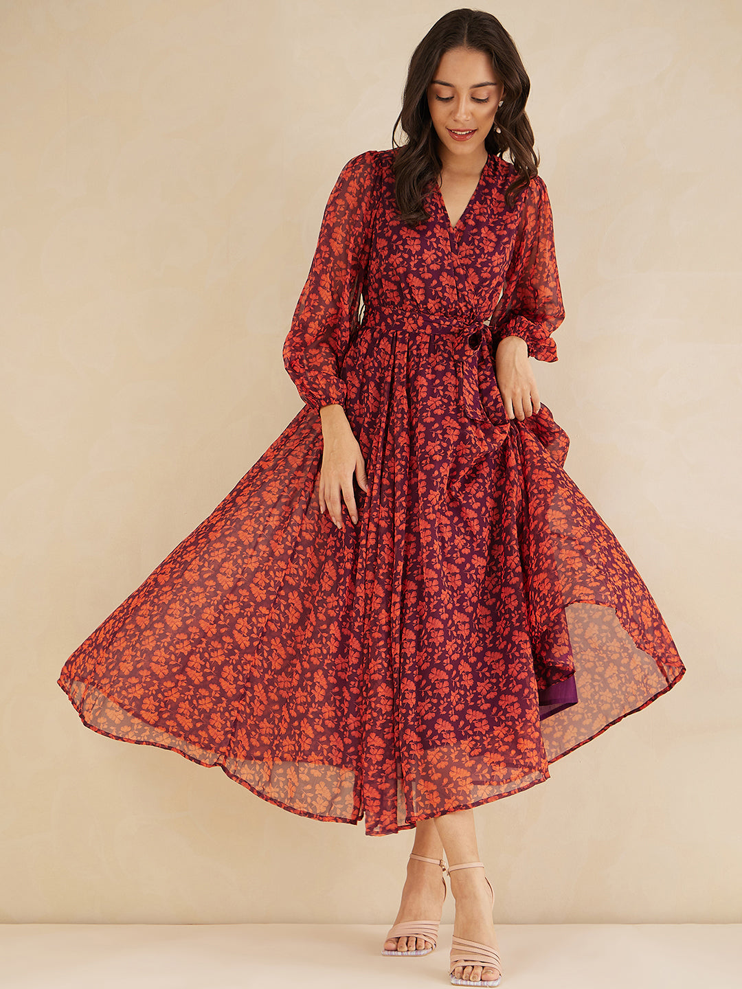 Orange Floral Printed Wrap Maxi Dress