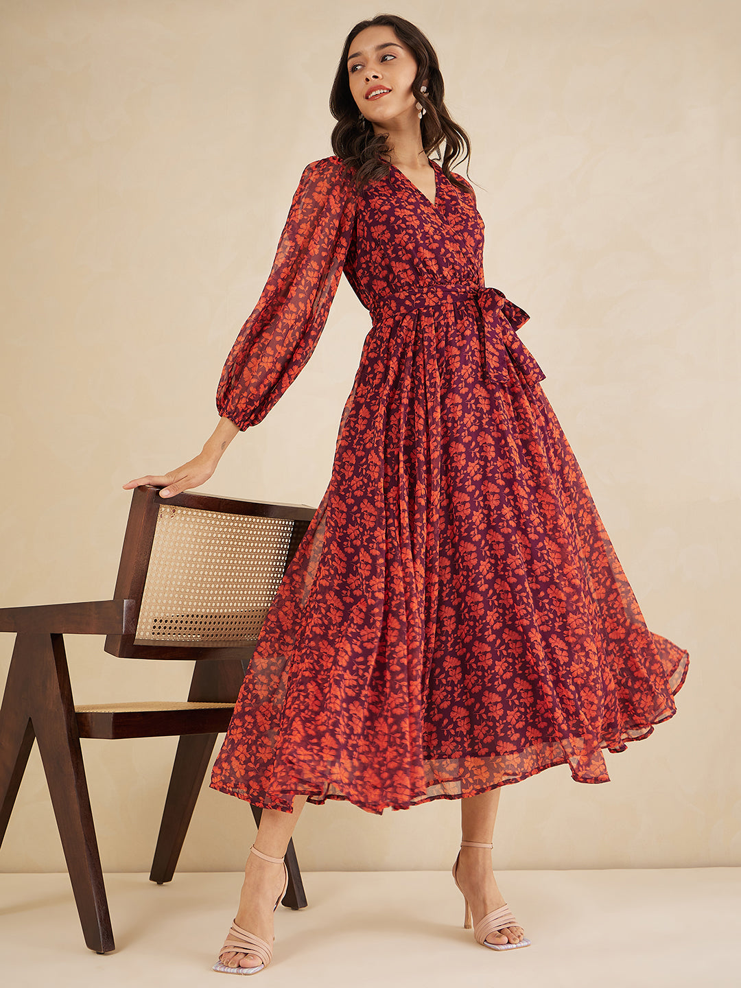 Orange Floral Printed Wrap Maxi Dress