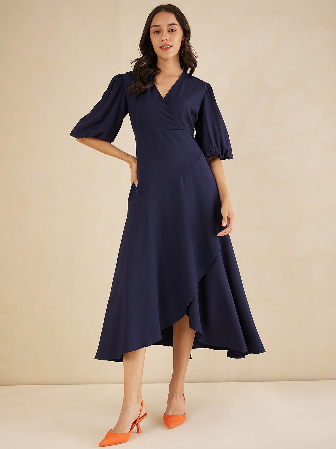 Navy Wrap Ruffle Maxi Dress