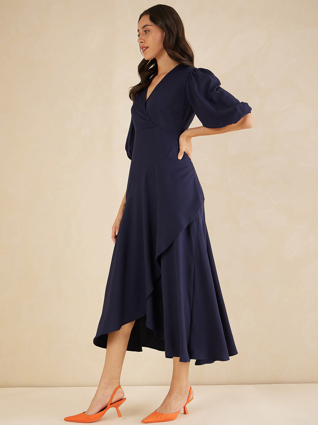 Navy Wrap Ruffle Maxi Dress