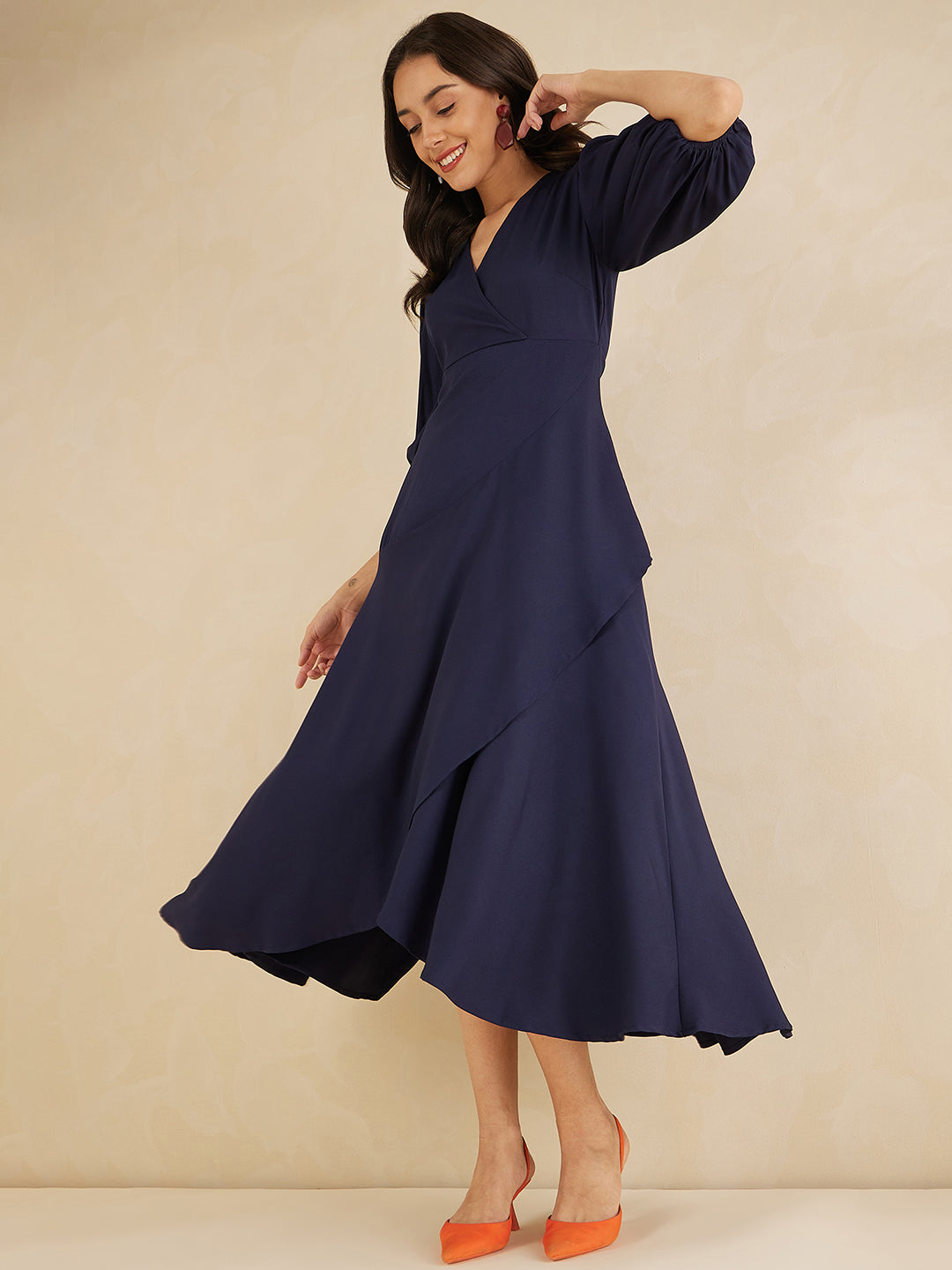 Navy Wrap Ruffle Maxi Dress