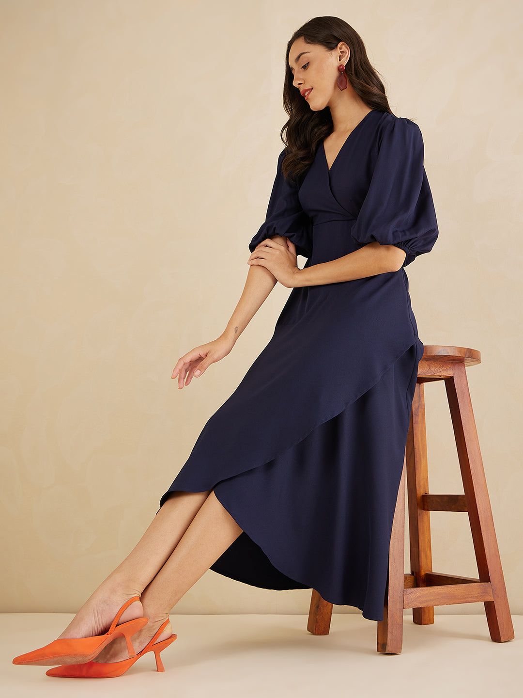 Navy Wrap Ruffle Maxi Dress