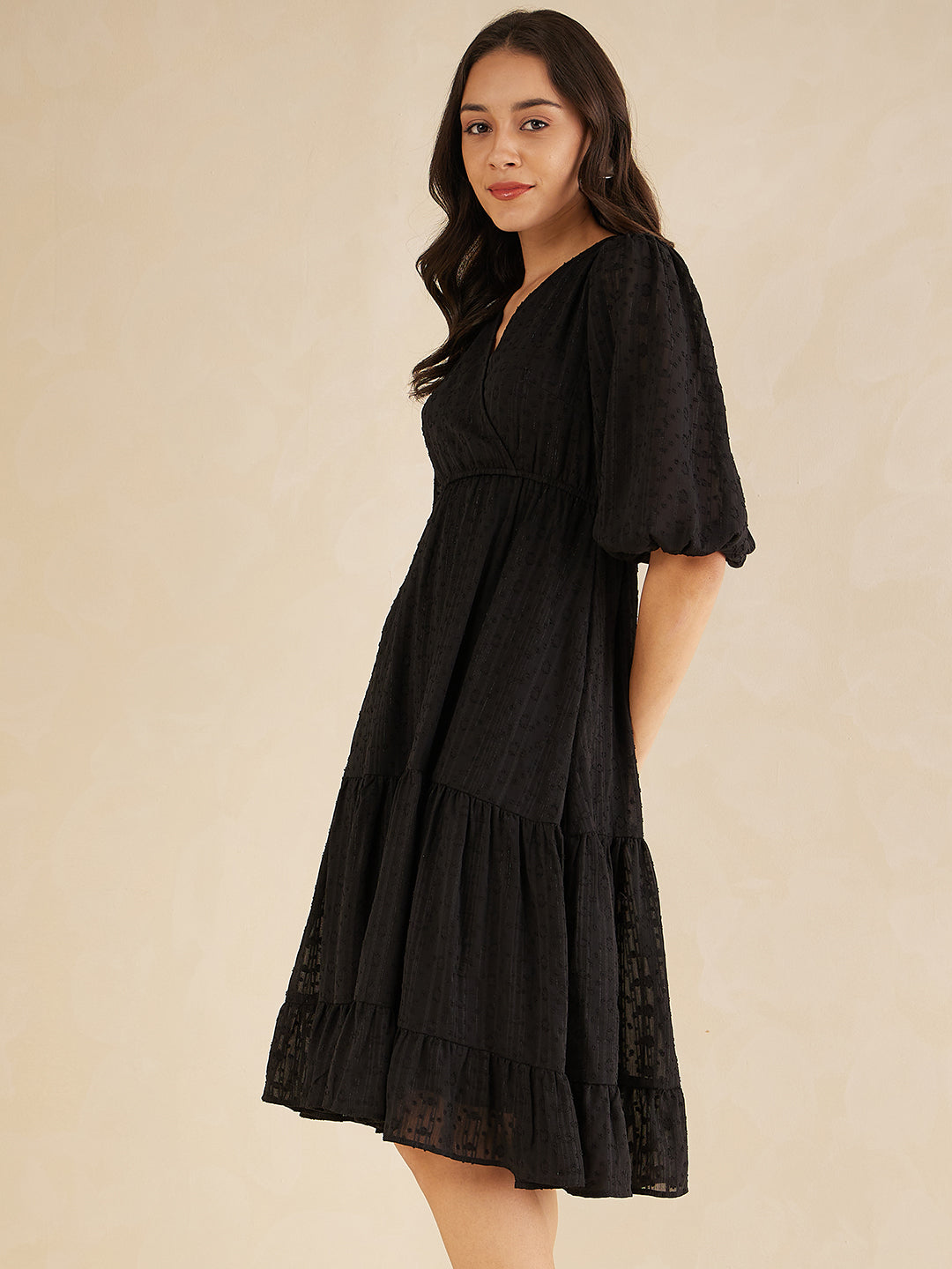 Black Dobby Lurex Wrap Tiered Midi Dress