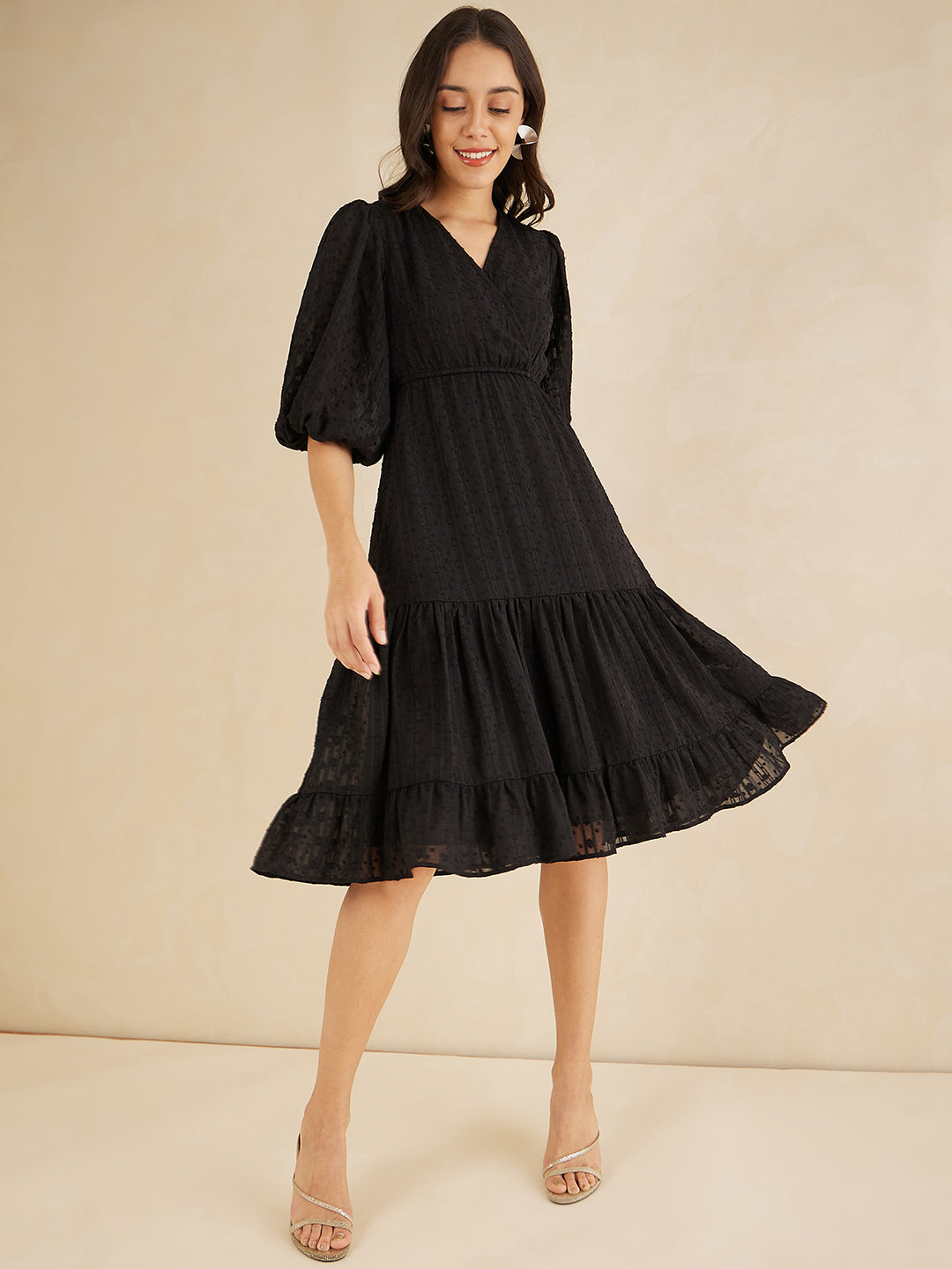 Black Dobby Lurex Wrap Tiered Midi Dress