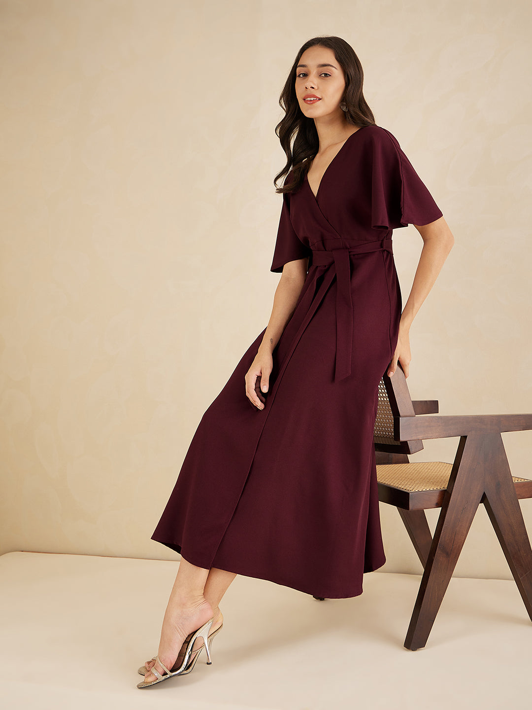 Wine Kimono Wrap Maxi Dress