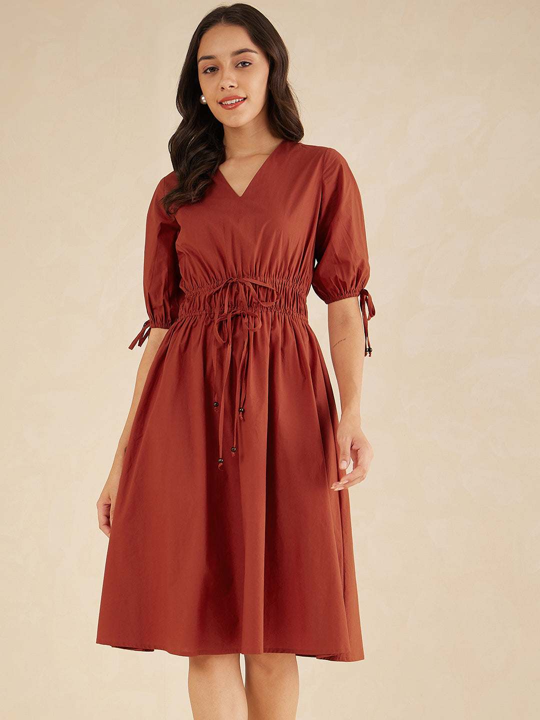 Rust Cotton Poplin Ruched Midi Dress