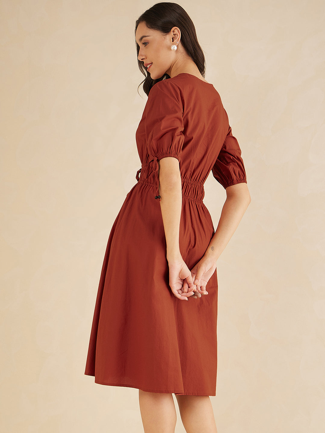 Rust Cotton Poplin Ruched Midi Dress