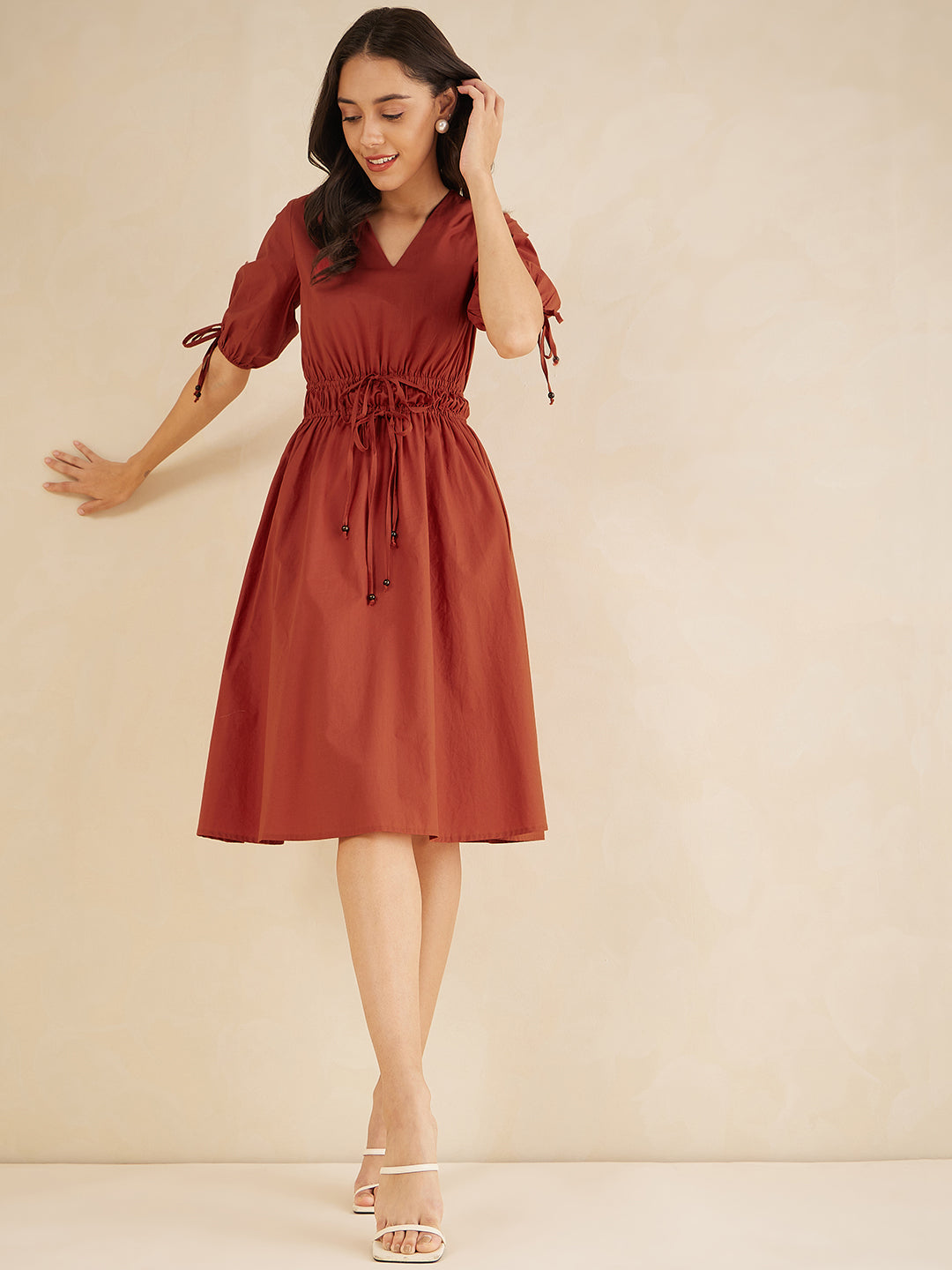 Rust Cotton Poplin Ruched Midi Dress