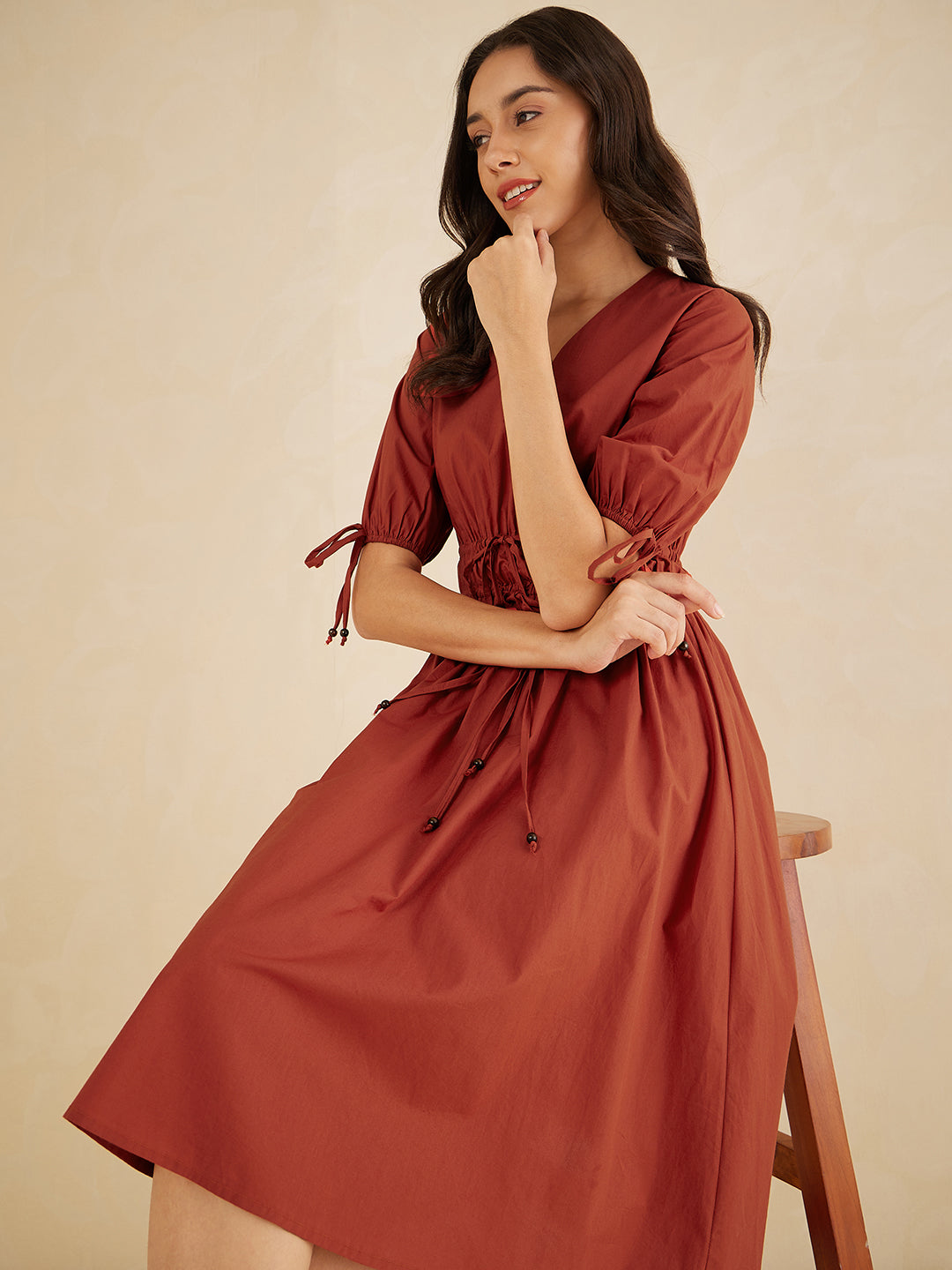 Rust Cotton Poplin Ruched Midi Dress