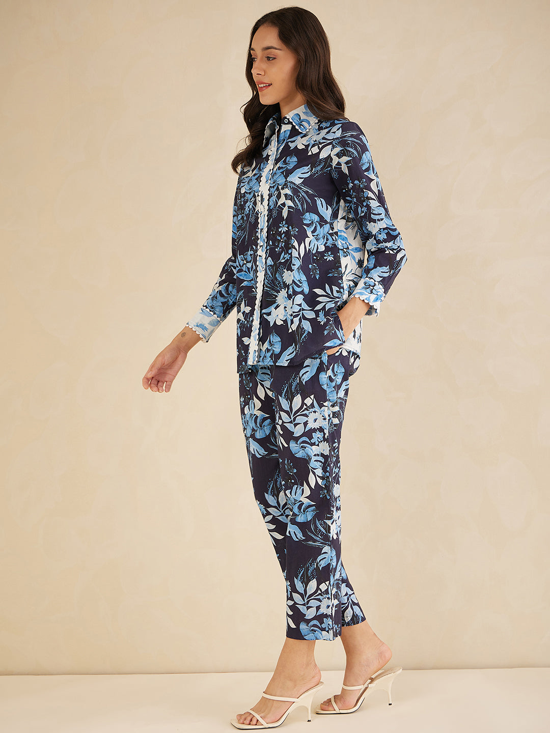 Navy Cotton Laced Shirt Co-Ord Set