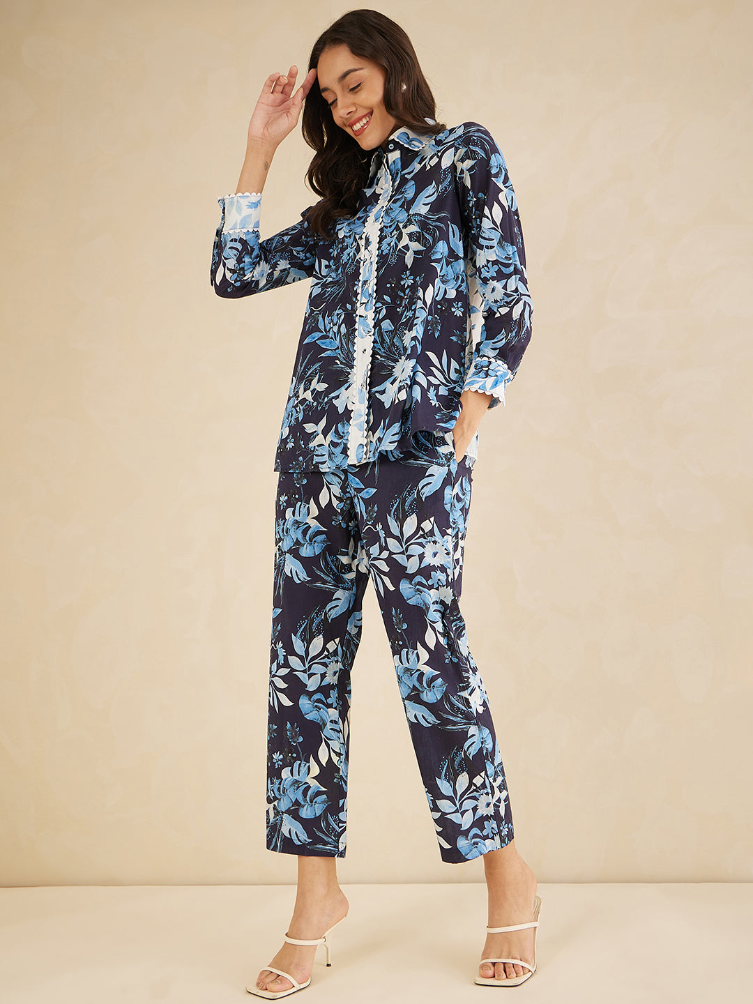 Navy Cotton Laced Shirt Co-Ord Set