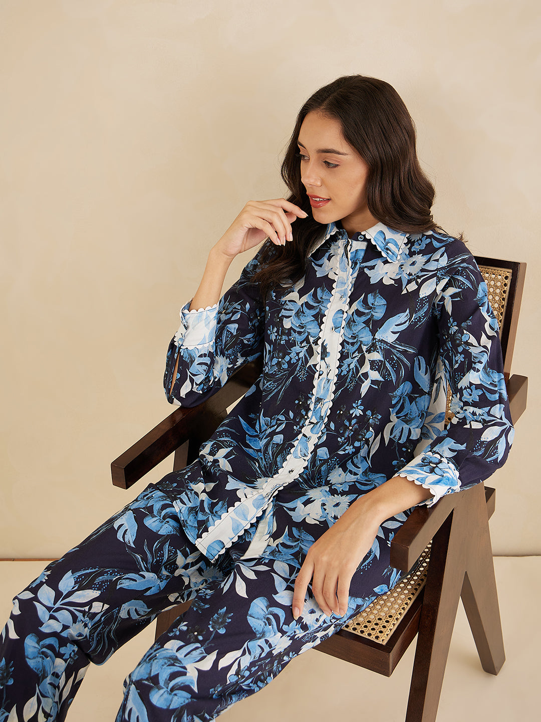 Navy Cotton Laced Shirt Co-Ord Set