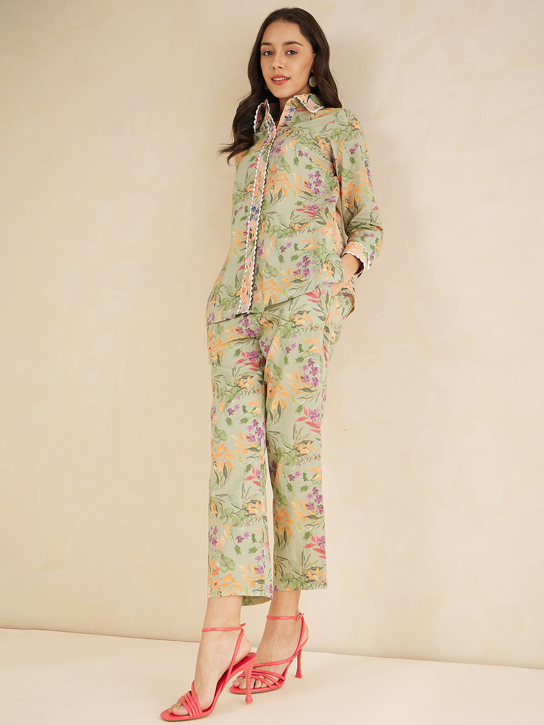 Green Cotton Laced Shirt Co-Ord Set