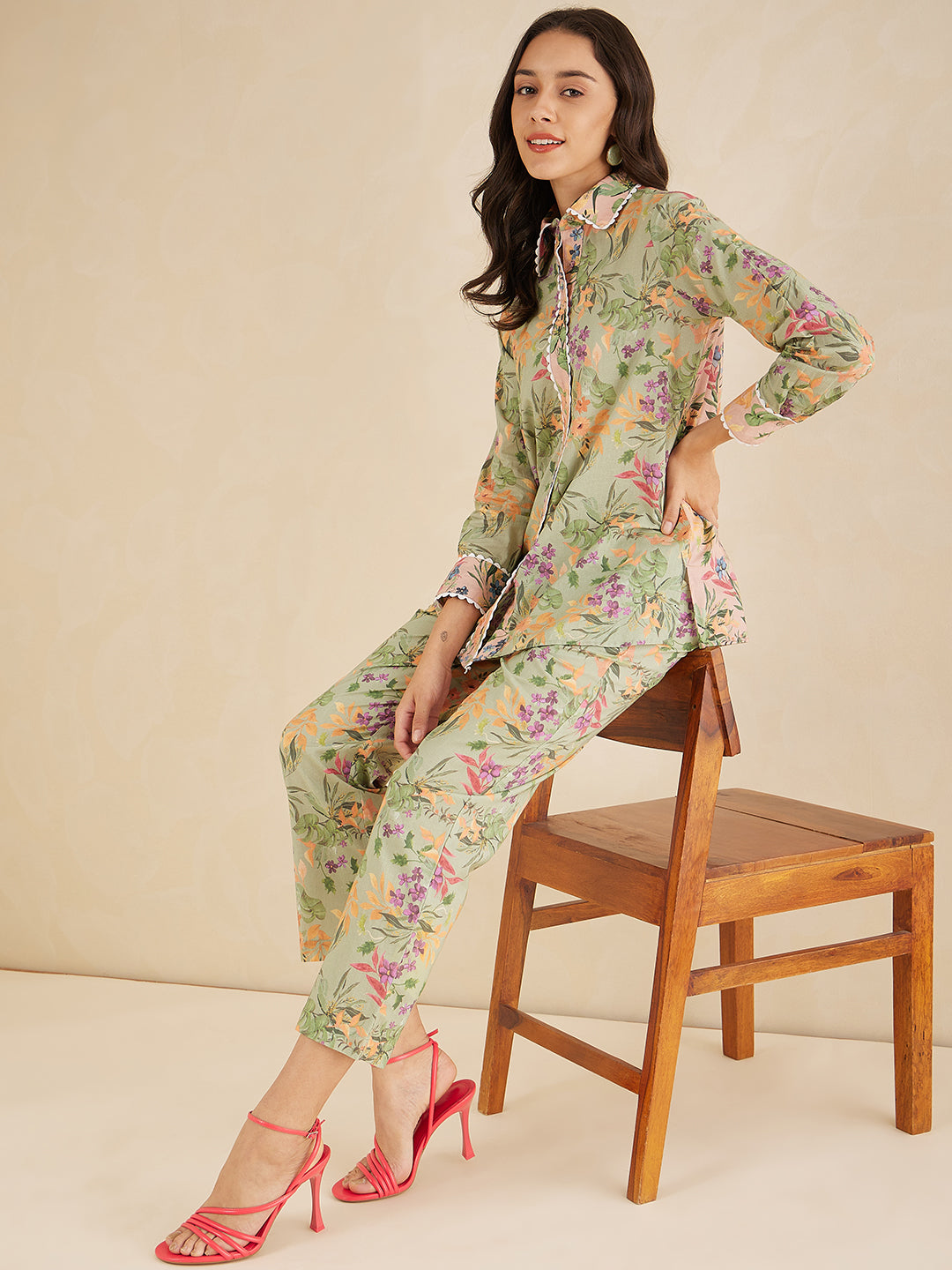 Green Cotton Laced Shirt Co-Ord Set