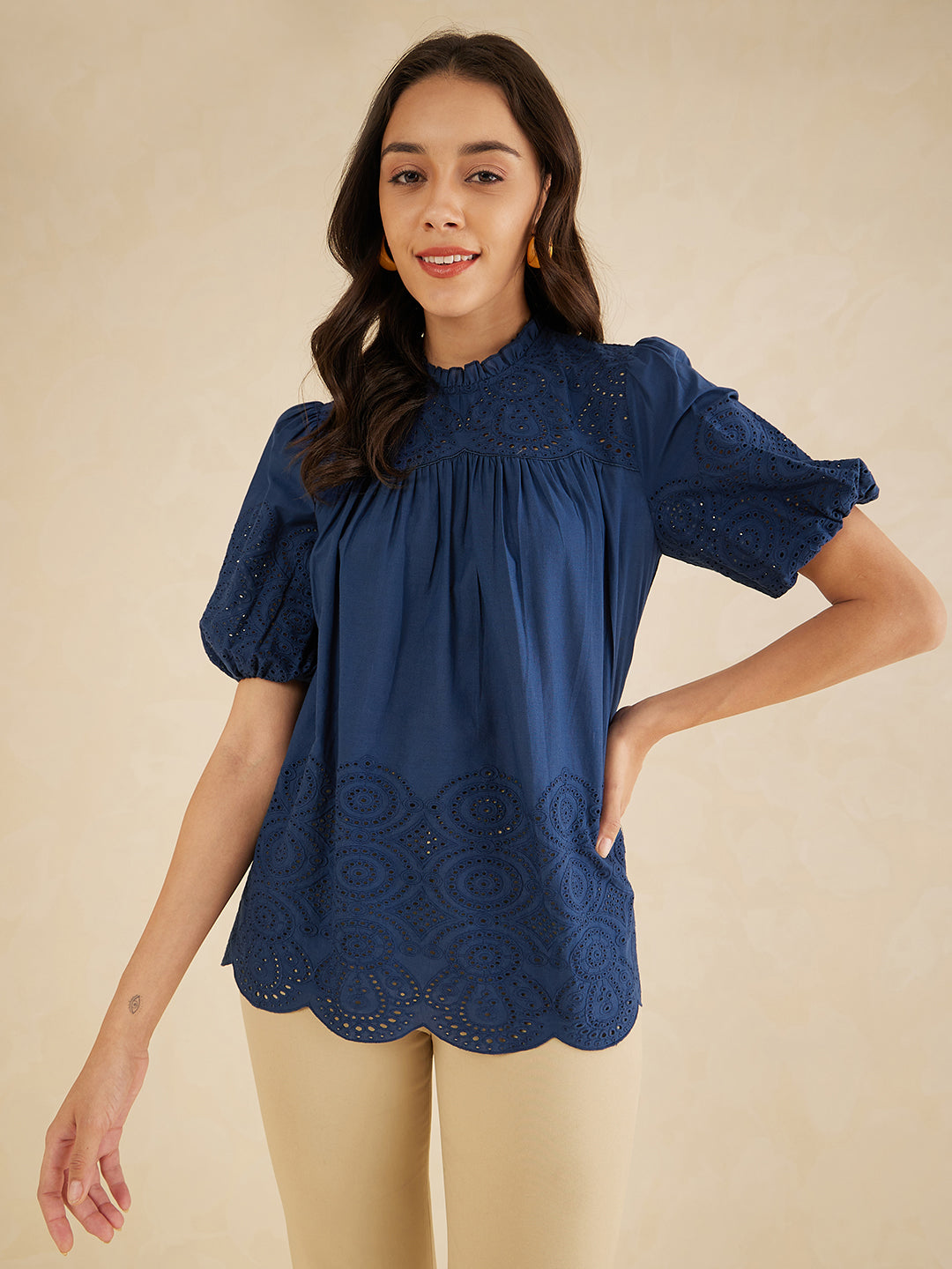 Navy Schiffli A Line Top