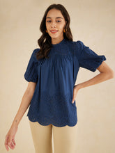 Navy Schiffli A Line Top
