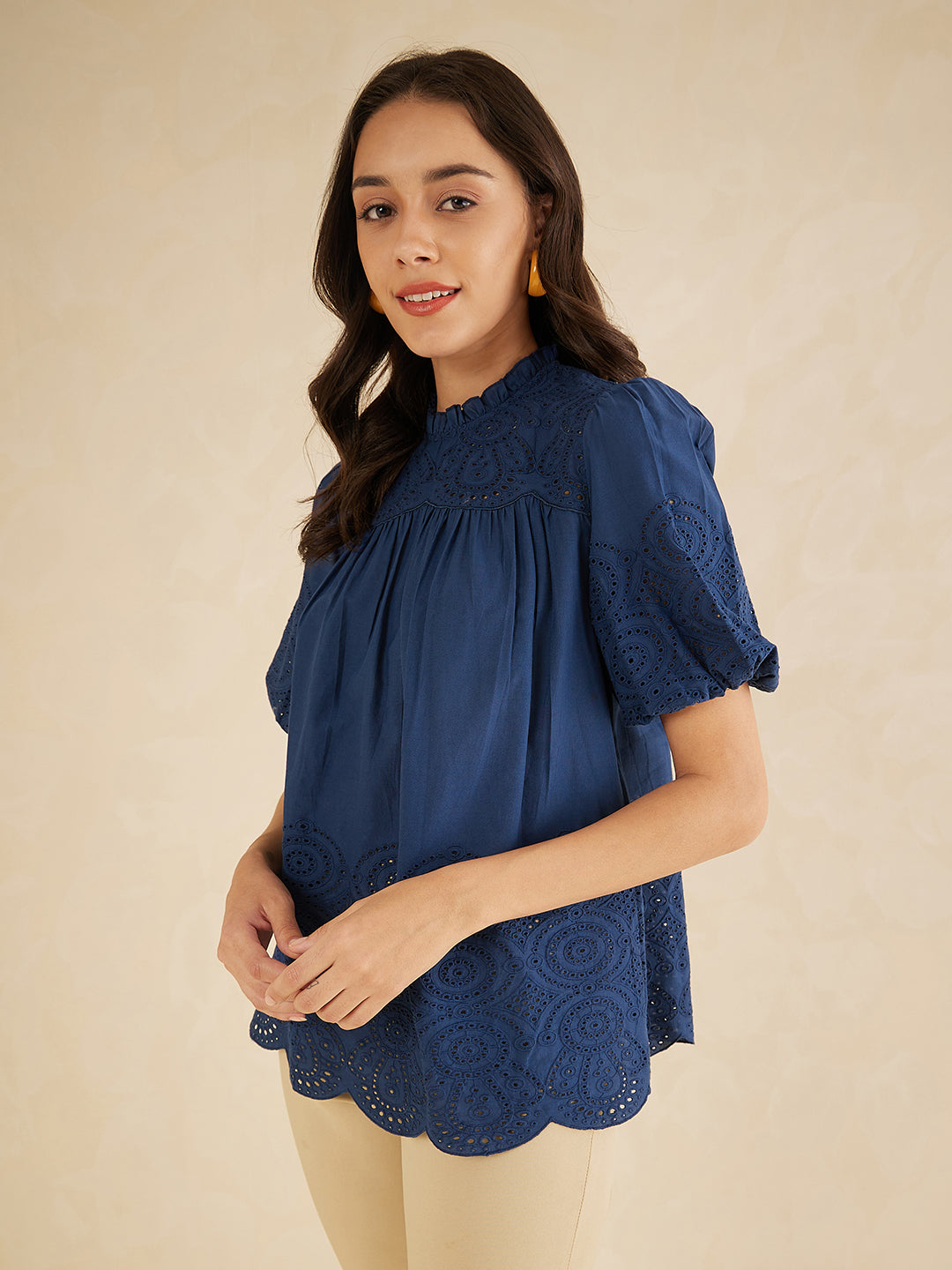Navy Schiffli A Line Top