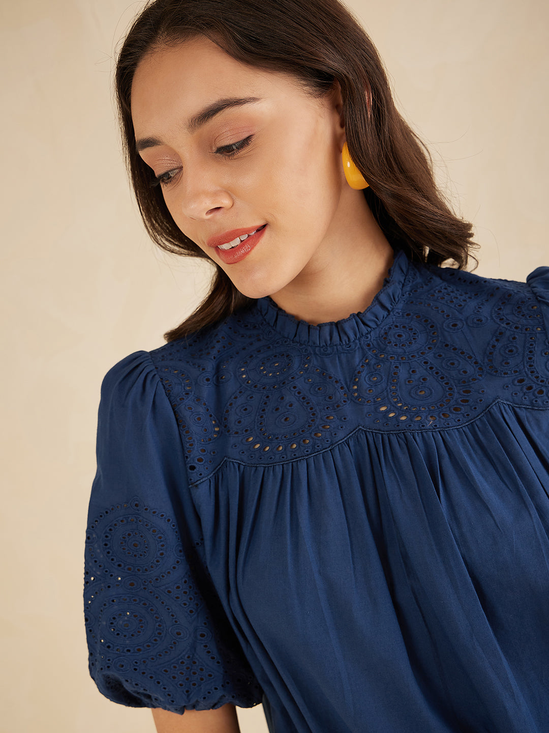 Navy Schiffli A Line Top