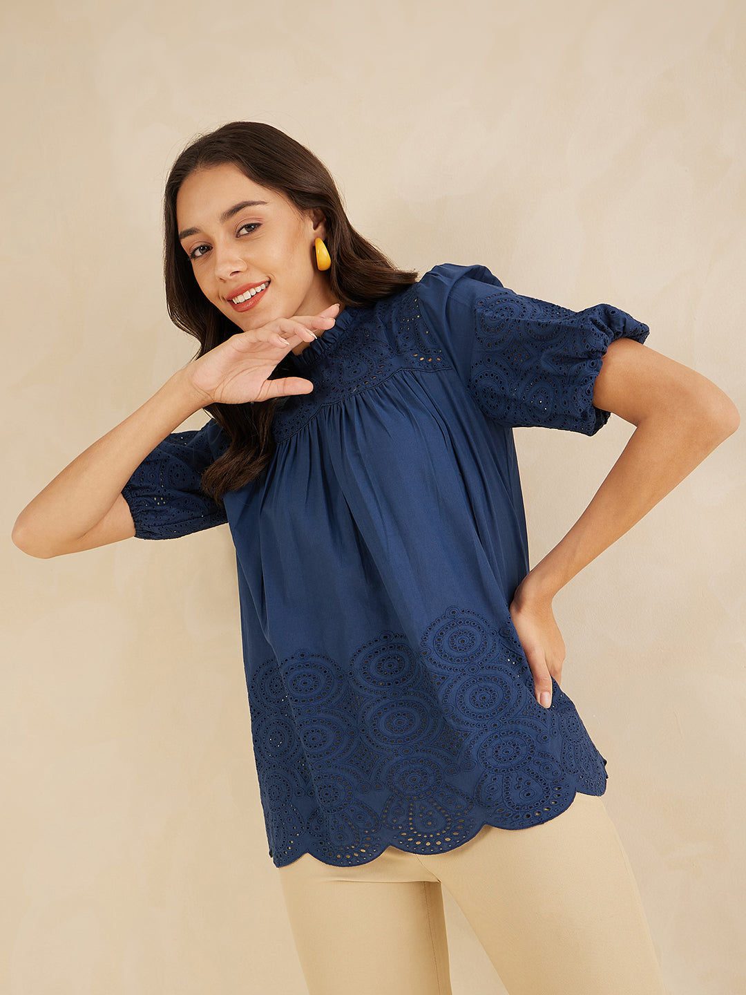 Navy Schiffli A Line Top