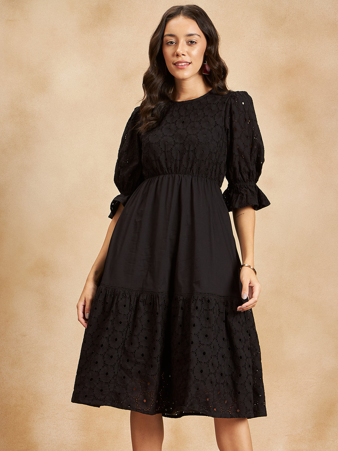 Black Cotton Schiffli Tiered Midi Dress