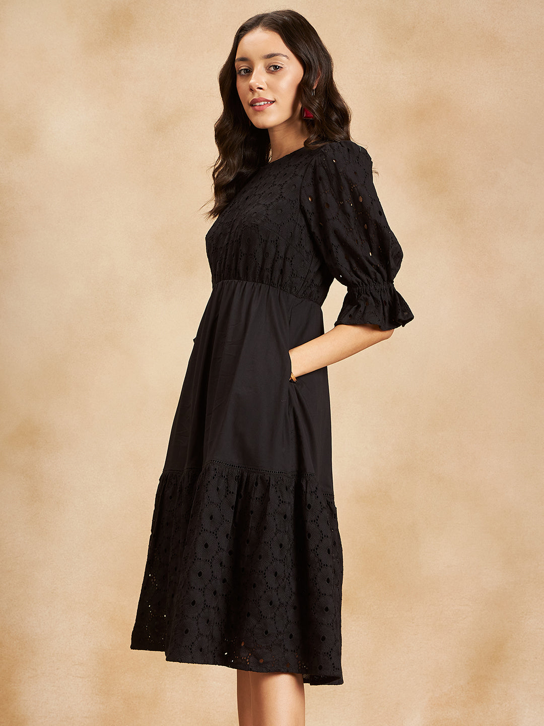 Black Cotton Schiffli Tiered Midi Dress
