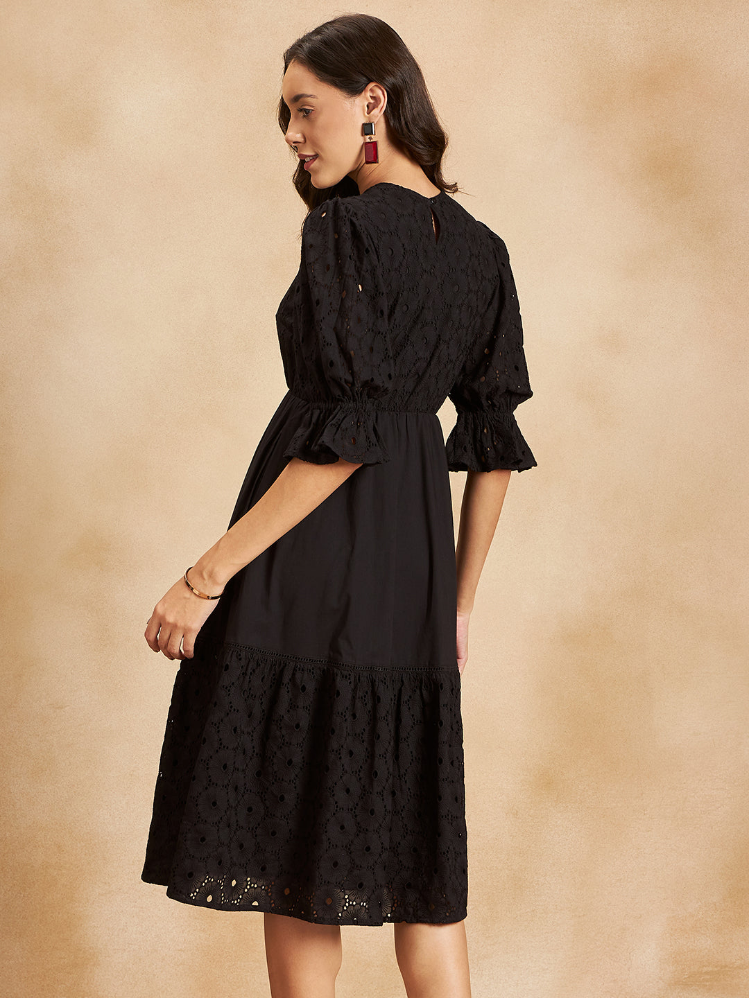 Black Cotton Schiffli Tiered Midi Dress