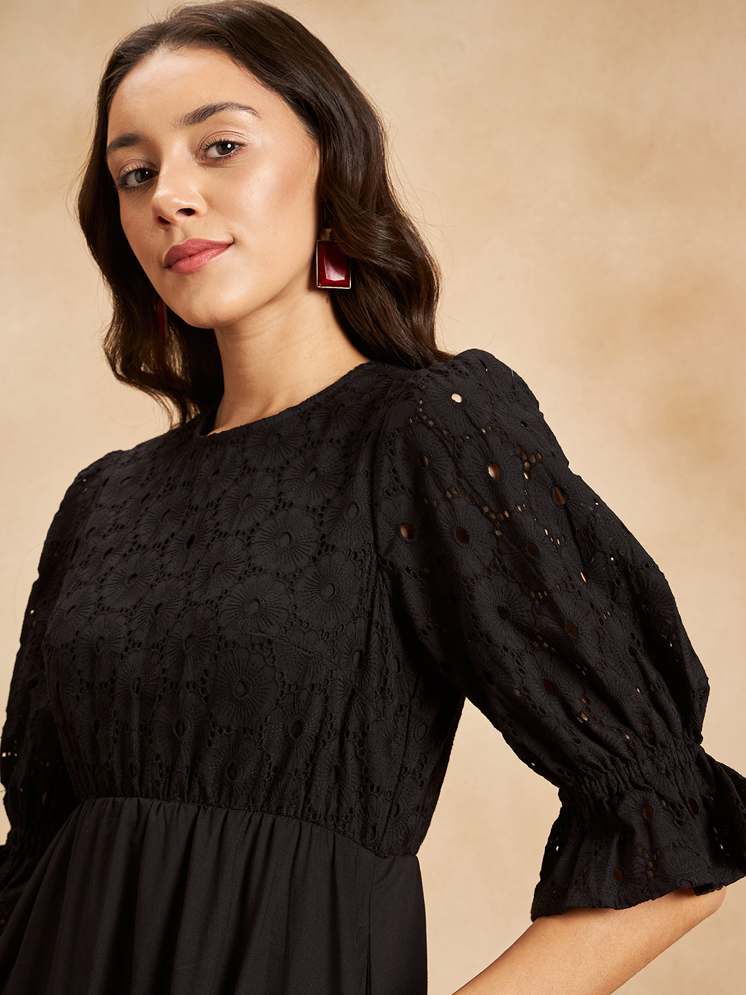 Black Cotton Schiffli Tiered Midi Dress