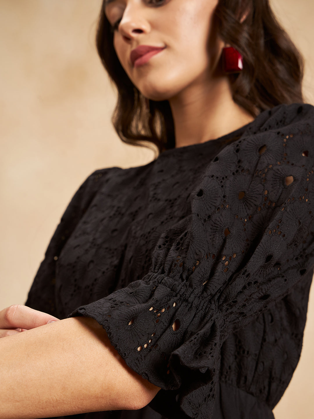 Black Cotton Schiffli Tiered Midi Dress