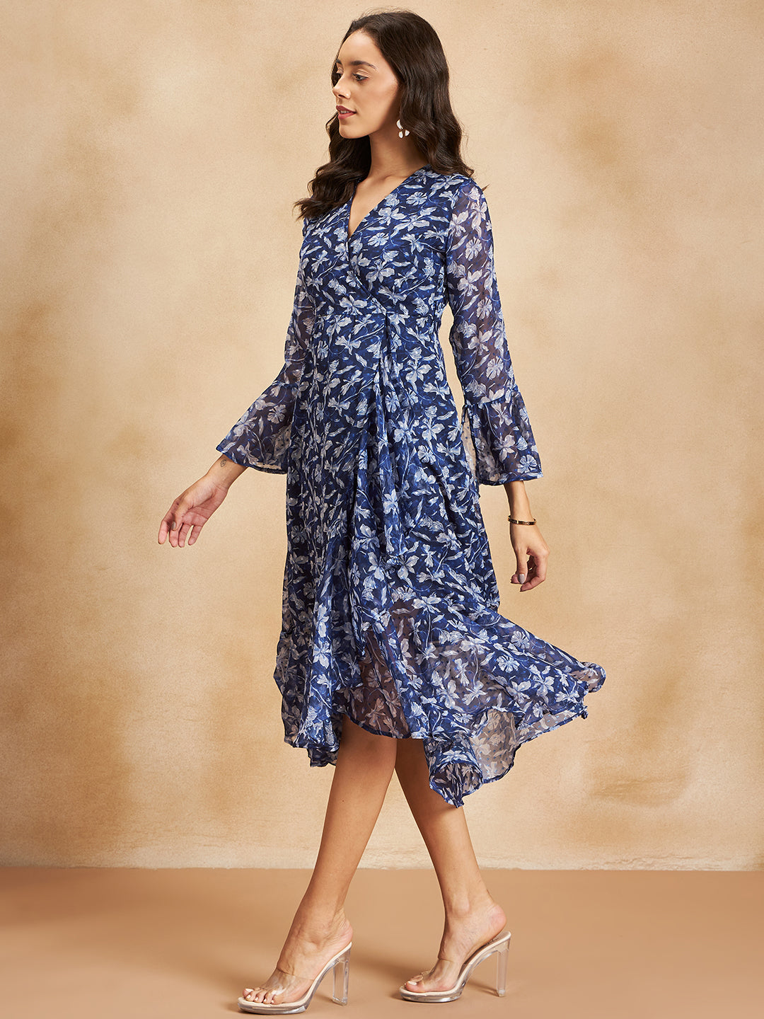 Navy And White Floral Wrap Maxi Dress