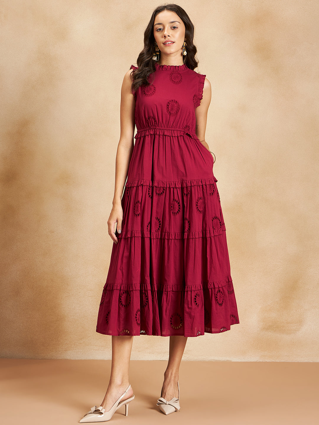 Red Cotton Schiffli Tier Maxi Dress