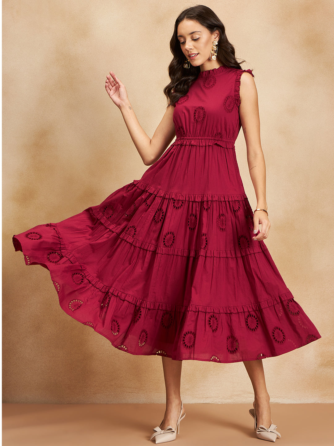 Red Cotton Schiffli Tier Maxi Dress