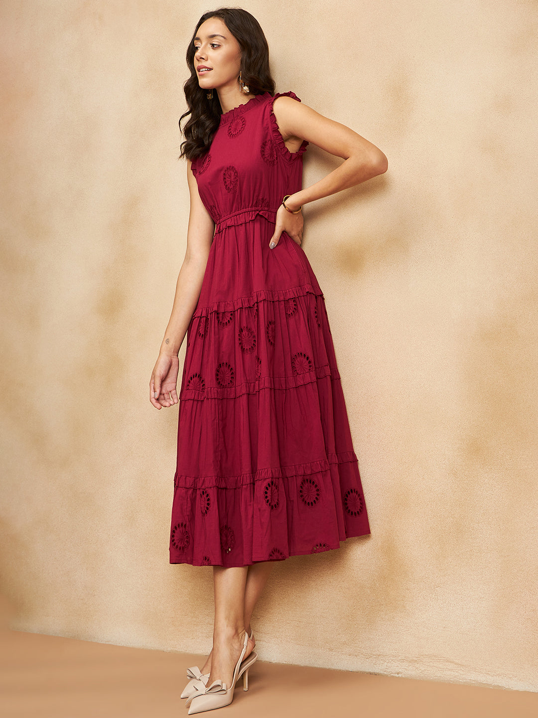 Red Cotton Schiffli Tier Maxi Dress